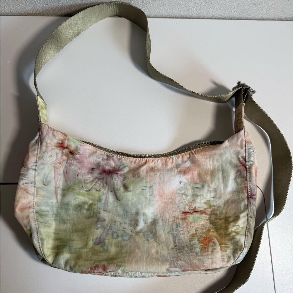BAGGU Cream, Pink, and Green Shoulder Bag with Watercolor Design
